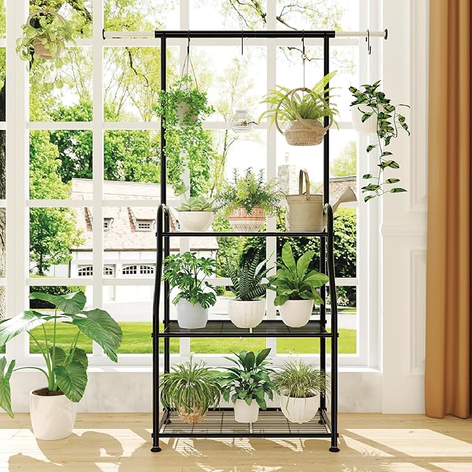 Simple Trending Plant Stand Indoor Outdoor, Heavy Duty Metal 3 Tiered Hanging Plant Shelf for Multiple Flower Planter Holder Tall Large Rack for Living Room Garden Balcony, Black SimpleTrending
