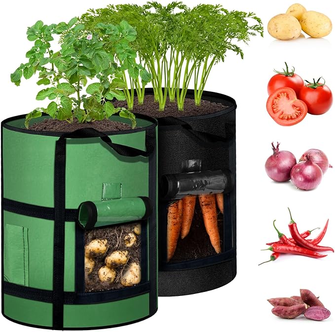 7 Gallon Potato Grow Bags with Viewing Window, 300G Nonwoven Garden Planting Pots, Heavy-Duty Surround Handles for Gardening Supplies (2Pack Grow Bags) Createagardenyoulove
