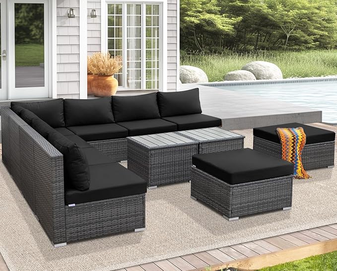NICESOUL 11 Piece Modern L Shaped Outdoor Sofa Set, 29.3'' High Back Comfy Big Size Wicker Patio Modular Sectional with Table & Ottoman, Rattan Conversation Furniture, 2 Color Cushion Black & Gray NICESOUL