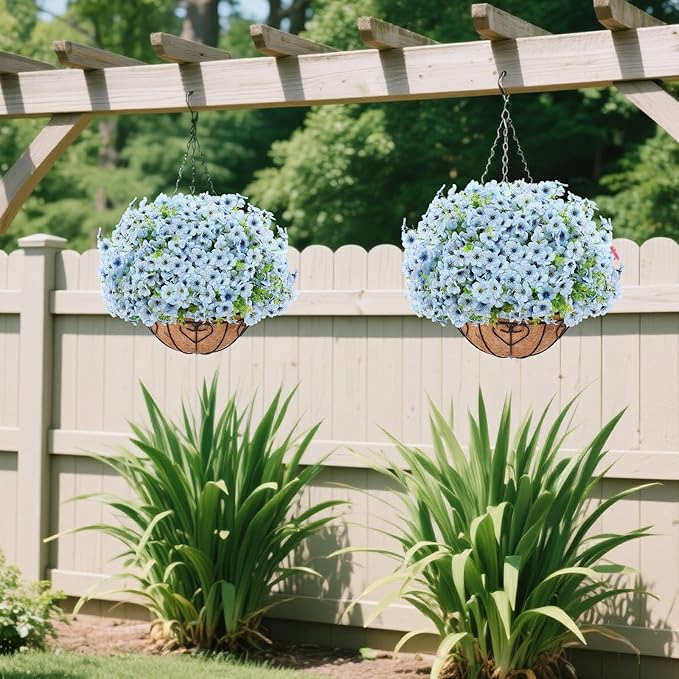 Artificial Hanging Flower for Outdoors, Fake Hanging Basket for Outside,1 Hanging Basket with 13 Pcs Faux Silk Flowers for Porch, Balcony and Patio Decor(Blue) LetuoClipsClipsandHooks