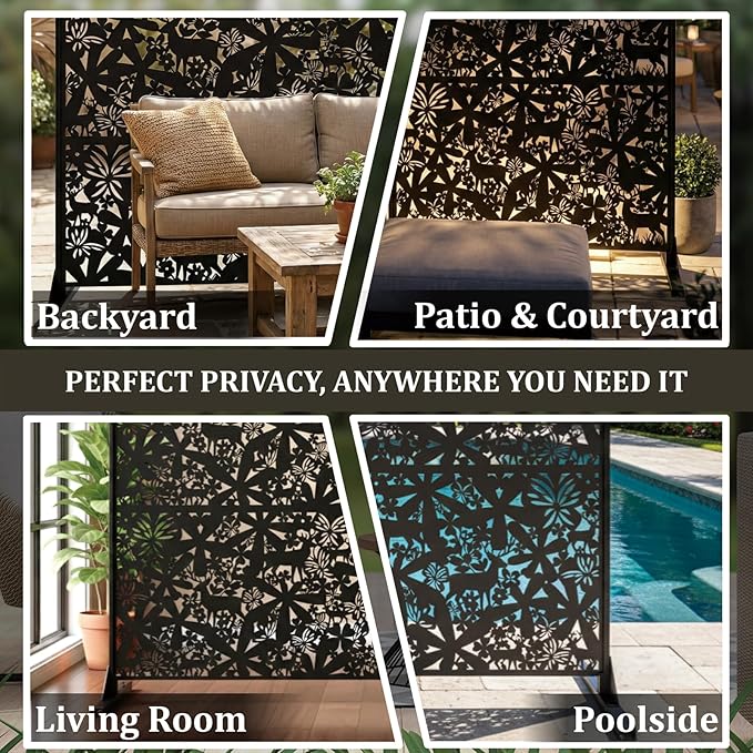 Metal Privacy Screen Outdoor 6FT – Freestanding Laser Cut Steel Garden Divider Panel with Stand, Decorative Modern Privacy Screen for Patio, Deck, Backyard & Balcony, Rustproof & Weather-Resistant Rootora