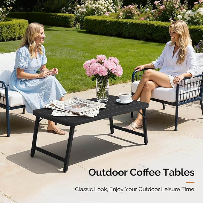 VINGLI Outdoor Folding Coffee Table, Rectangle Drainable Iron Patio Table for Balcony, Porch, and Living Room, Black VINGLI