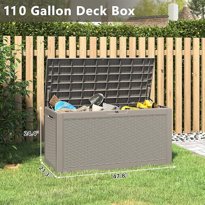 Outdoor Storage Box, Resin Deck Boxes Indoor and outdoor, Waterproof Storage Box Lockable Lid (Grey, 100 Gallon) NBYSGO