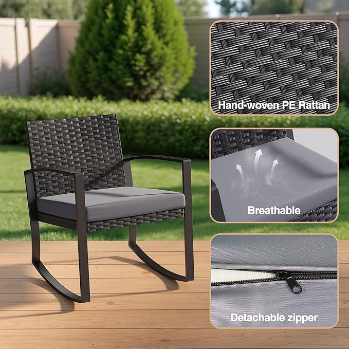 3 Pieces Outdoor Patio Furniture Set Rocking Bistro Set Outdoor Rattan Conversation with Coffee Table for Garden Balcony Backyard Poolside (Grey Cushion) Qsun