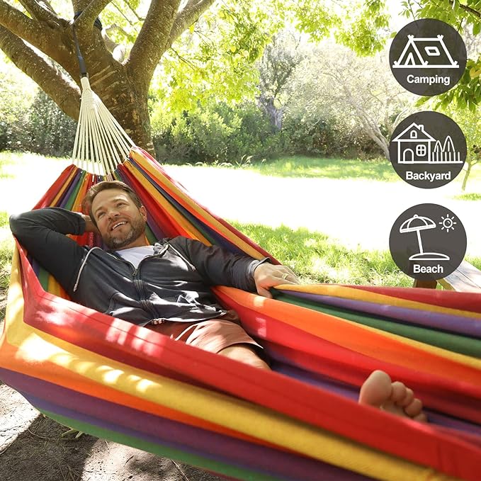 Brazilian Double Hammock with Tree Straps,Extra Large 94x63IN,2 Persons Hammock for Backyard Patio Outdoor and Indoor,450lbs Weight Capacity,Soft Woven Cotton Fabric - Coffee Stripe CHULIM