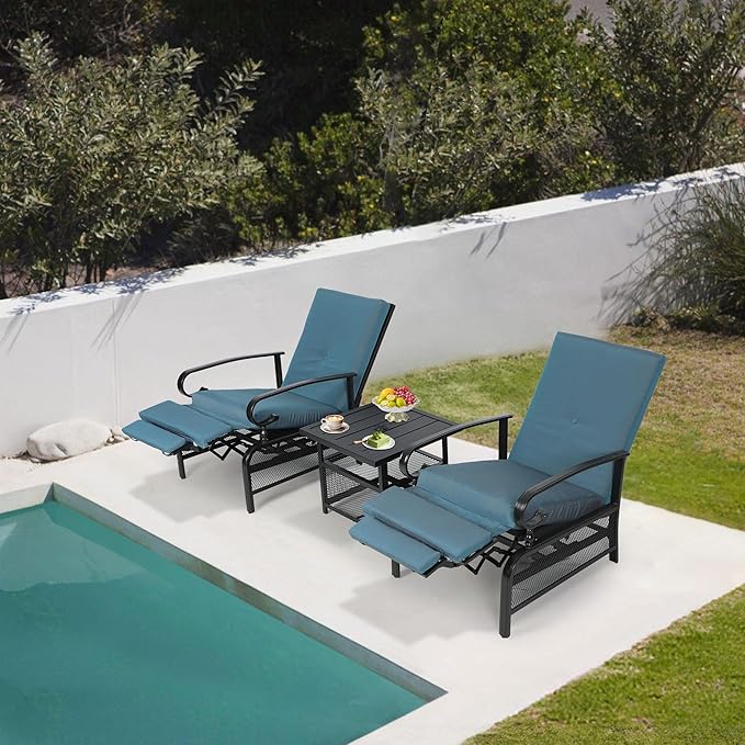 Oakcloud Adjustable Outdoor Lounge Chair Metal Patio Relaxing Recliner Chair with Removable Cushions(Peacock Blue) OckcloudPatioFurniture