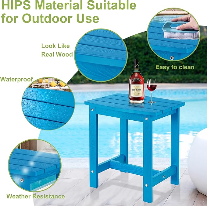 Y&M Outdoor Side Table, HIPS Adirondack Small Single Table, Waterproof Square Outside Table, Balcony Modern End Tables for Patio, Pool, Beach, Porch, Deck, Indoor or Outdoor Use, Bright Blue YM