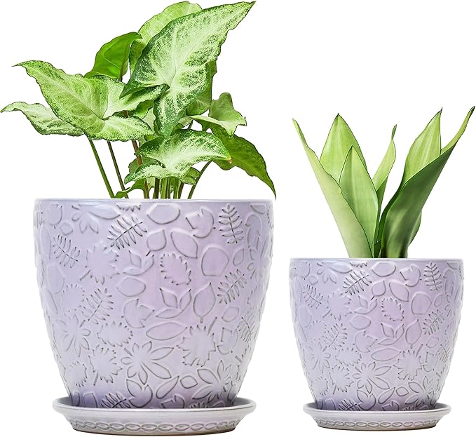 8 Inch + 6 Inch Retro Ceramic Planter Set of 2 with Drainage Hole and Saucer for Multiple Plants, Indoor-Outdoor Garden Pots for Succulent, Orchid, and Flower (Retro Purple) Bestseler