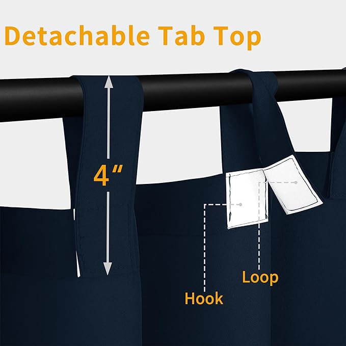 Easy-Going Outdoor Patio Curtains Detachable Tab Top Windproof Weatherproof Curtain for Cabana, Porch, Pergola and Gazebo, Tab Bottom Drape, 2 Panels, 54W x 84L inch, Navy Easy-Going