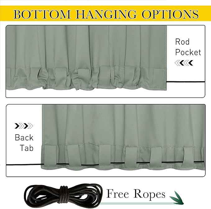 NICETOWN 2 Panels Outdoor Curtains Waterproof Pocket & Back Tab on Top & Bottom, Thermal Insulated Windproof Sun Blocking Outside Privacy Drapes for Patio with Fixed Rope, W84 x L84, Sage Green NICETOWN