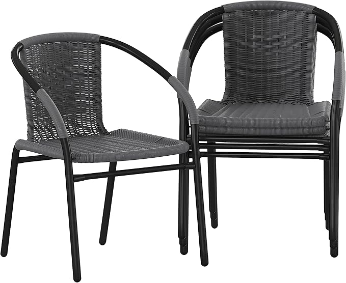Flash Furniture Lila Modern Rattan Indoor/Outdoor Stackable Dining Chairs, Stacking Rattan Bistro Chairs for Patio or Restaurant, Set of 4, Gray FlashFurniture