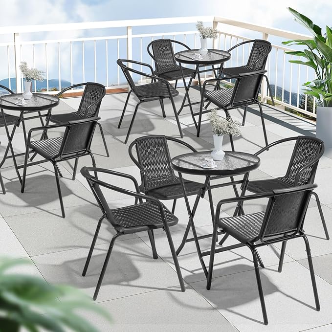 VINGLI PE Rattan Outdoor Dining Chairs Set of 2, Plastic Stackable Patio Chairs for Indoor, Porch, Restaurant, Garden, Black VINGLI