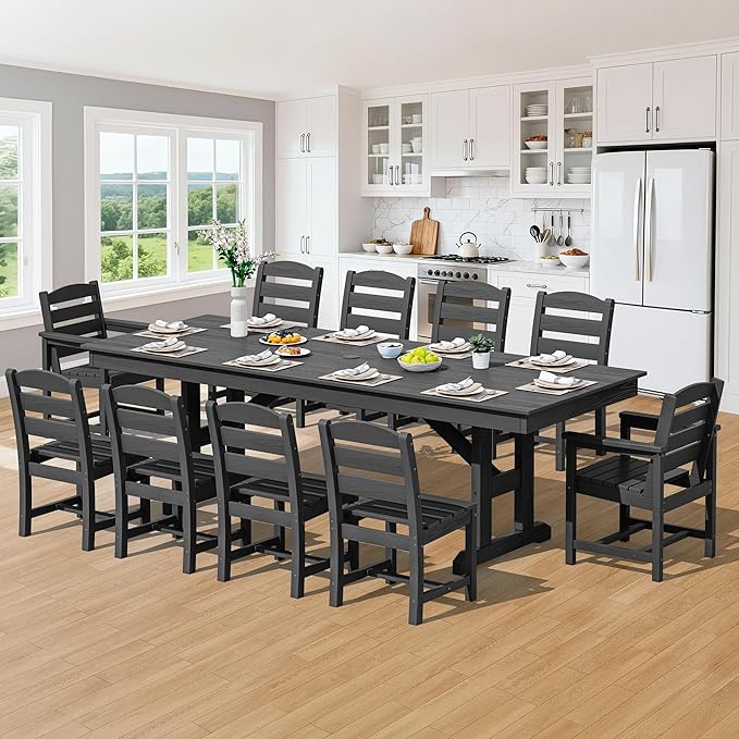 SERWALL 11 Piece Outdoor Dining Set, 84" HDPE Outdoor Table and Chairs for 10，All Weather Patio Furniture Set with Umbrella Hole for Backyard, Garden, Black SERWALL