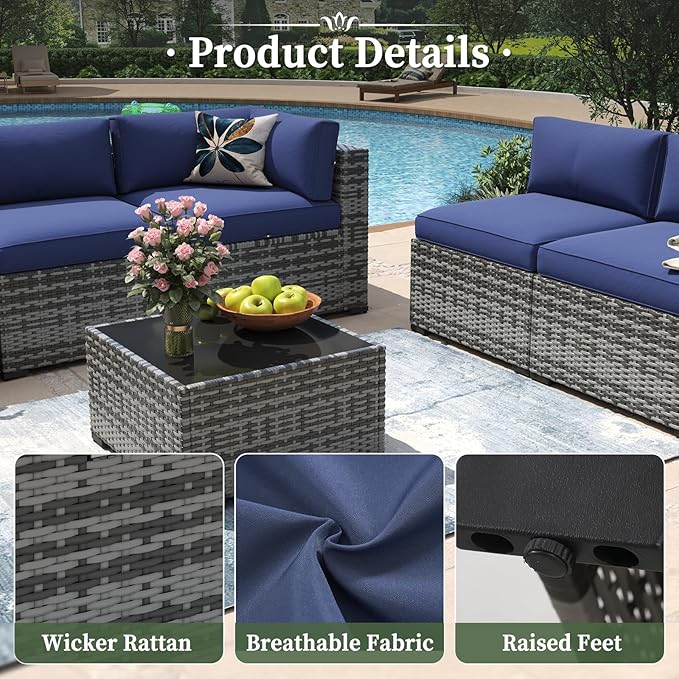 Aoxun 7 Piece Patio Furniture Set Wicker Rattan Patio Conversation Set Outdoor Sectional Sofa Set with Coffee Table and Thickened Cushions, Gray/Blue(Waterproof Cover Included) Aoxun
