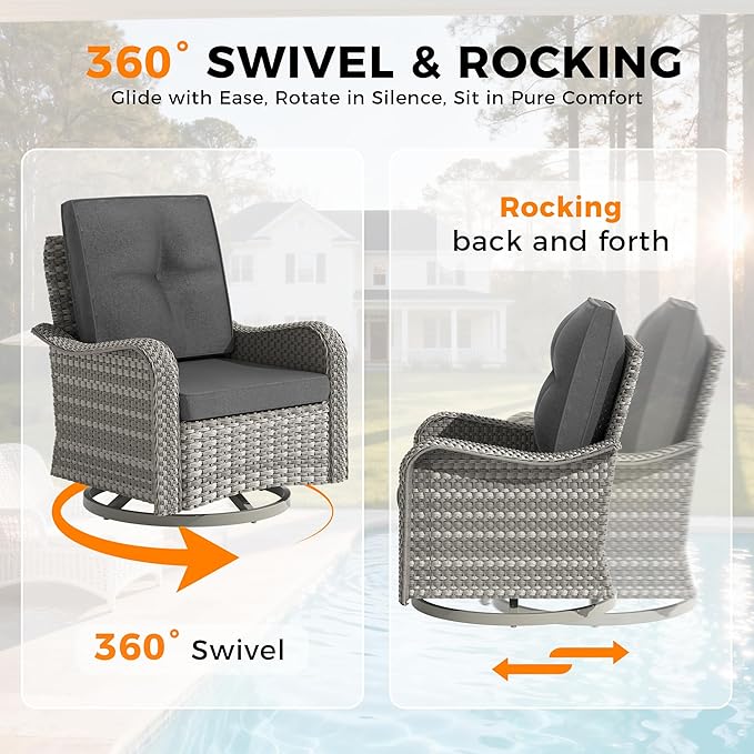 8-Seat Modern Patio Furniture Set with Swivel Rocking Chairs, Thick 4″ Cushions, Dual-Strand Wicker Rattan, Rust-Resistant Steel Frame – Outdoor Conversation & Modular Sectional,Black MASIONBACKYARDS