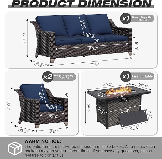 Joyside Wicker Patio Furniture Sets, 4 Pieces Upgraded Large Size Outdoor Furniture with Patio Dining Chair, 3-Seat Sofa, Fire Table,Thick Cushions, Wide Armrest, Blue Joyside