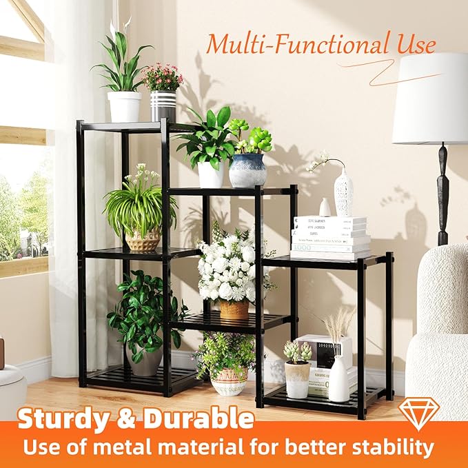 Simple Trending Plant Stand Indoor Outdoor, Heavy Duty Metal Waterproof 7 Tiered Plant Shelf for Multiple Flower Planter Holder Tall Large Rack, Black SimpleTrending