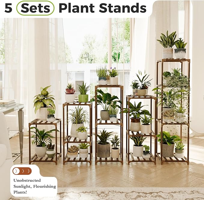 Bamworld 5 Sets Plant Stands Indoor Outdoor Combo Plant Shelves Wooden Plant Holder Rack for Multiple Plants Flower Stands for Living Room Balcony Garden Patio Lawn Window Bamworld