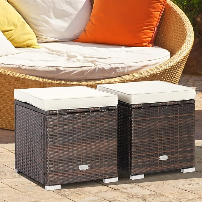 Tangkula 2 Pieces Patio Ottomans, Patiojoy Hand-Woven PE Rattan Side Table with Removable Cushion & Hidden Storage Space, Multifunctional Storage Box, Seat for Patio, Backyard, Poolside (Off White) TANGKULA