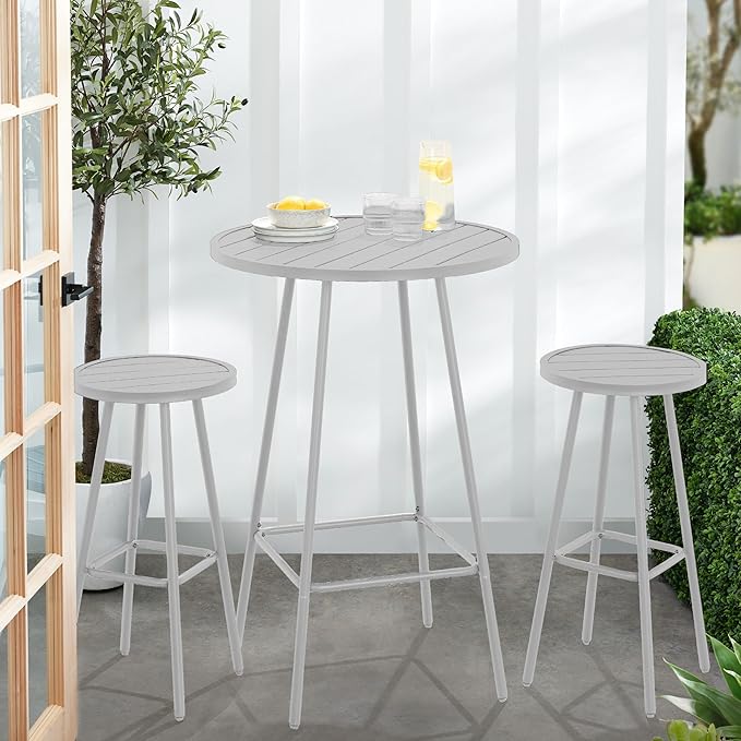 Best Choice Products 3-Piece Patio Dining Set, Bar Height, Outdoor Bistro Set, Outdoor Round Bar Table w/ 2 Bar Stools, Steel - White BestChoiceProducts