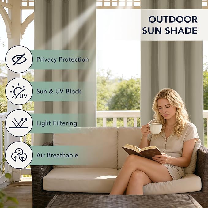 Outdoor Curtains for Patio Waterproof - 6 Panels Privacy Weatherproof Outside Curtains with Grommets for Pergola, Gazebo, Porch, Cabana, Balcony, 54 x 108 Inch, Taupe RichSets