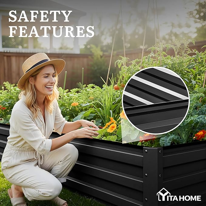 YITAHOME 12x4x1ft 2pcs Large Raised Garden Bed Kit, Galvanized Metal Planter Box with Gloves, Ground Nails, Support Rod, Outdoor Above Ground Planters for Plants Vegetables Flowers, Black YITAHOME