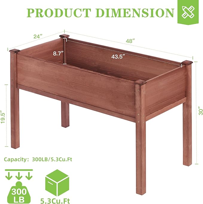 Raised Garden Bed with Legs, 48x24x30'', Outdoor Wood Elevated Planter Box, Thick Legs, w/Liner OutdoorFurniture