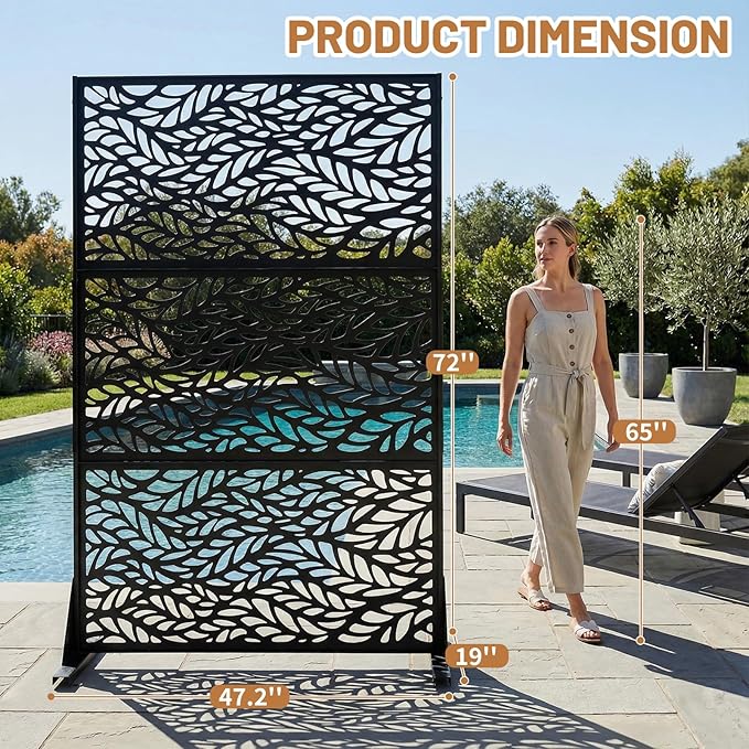 VINGLI Privacy Fence Panels, 72H’’ x 47W’’ Metal Privacy Screen Freestanding, Decorative Privacy Panels for Patio Garden Pool, Outdoor & Indoor (Leaf) VINGLI