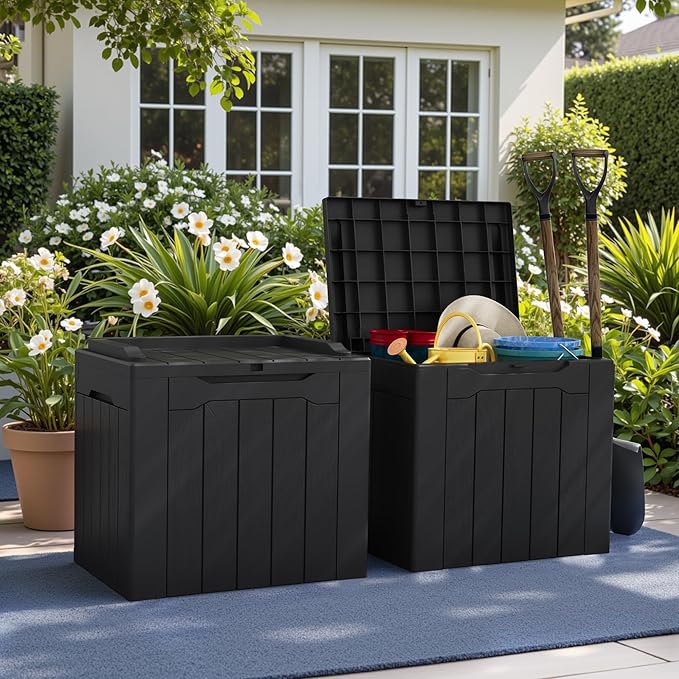 Greesum 31 Gallon Deck Box for Outside, All Weather Outdoor Storage Boxes for Patio Furniture Set, Package Delivery Box, Garden Tools, Black(Set of 2) BuynowfromGreesum
