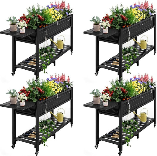 YEFU Raised Garden Bed with Legs: 57x18x30in Elevated Poly Planter with Wheels,Waterproof Mobile Raised Bed Garden, Elevated Planter Box Stand with Storage Shelf,For Deck,Patio,Porch,Yard (Black,4pcs) YEFU