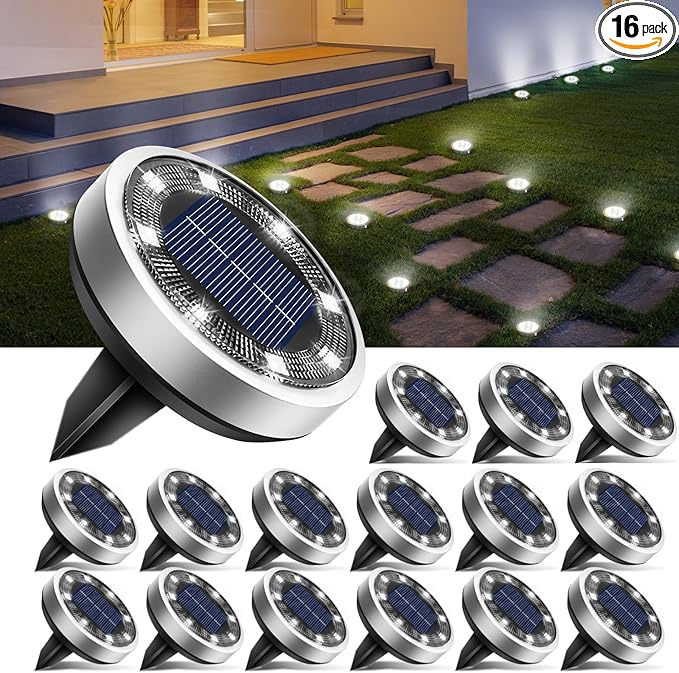 btfarm 16 Pack Solar Lights Outdoor, 8 LED Solar Ground Lights IP65 Waterproof Flat Solar Disc Light, Pathway Lights for Garden Lawn Patio Yard Path Landscape, Cool White btfarmdecorativelighting