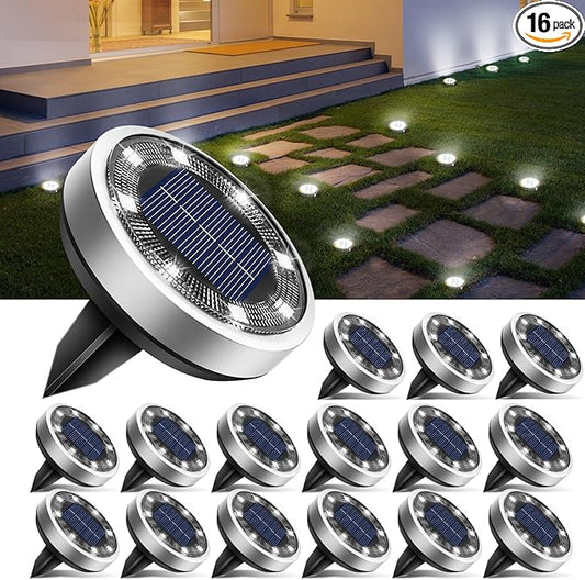 btfarm 16 Pack Solar Lights Outdoor, 8 LED Solar Ground Lights IP65 Waterproof Flat Solar Disc Light, Pathway Lights for Garden Lawn Patio Yard Path Landscape, Cool White btfarmdecorativelighting