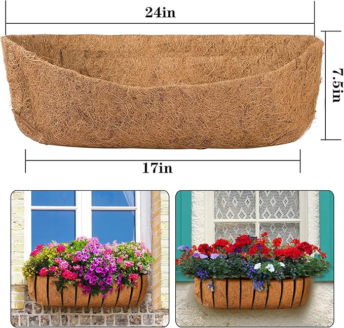 3 Pack Coco Liners for Window Planter Box - 24in 100% Natural Coconut Coir Fiber Liner Replacement for Deck Flower Box, Garden Railing Fence Trough, Wall Planter Basket, Vegetables Pot ANPHSIN