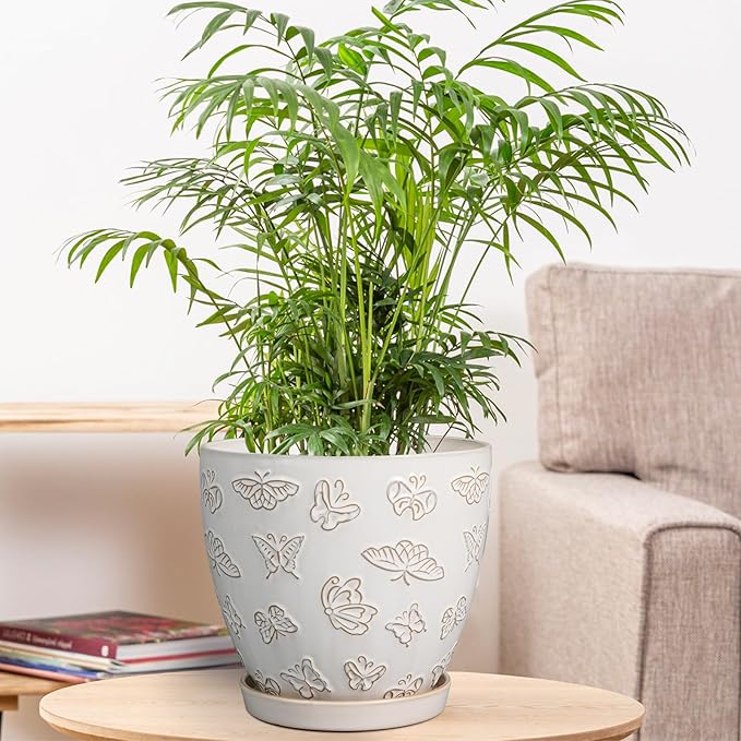 Ceramic Planter 8 Inch - White Plant Pot with Drainage Hole and Saucer Modern Flower Pot for Indoor Outdoor Plants EPFamily