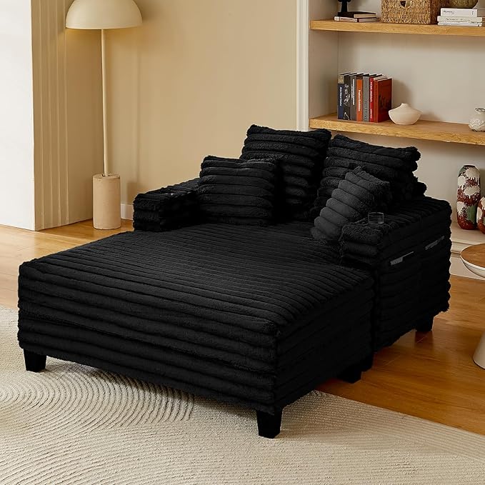 64" Chaise Lounge Chair Indoor, Oversized Sleeper Chair with Wood Frame, Upholstered Sofa Bed for Living Room, Movie Room, Bedroom with 4 Storage Pockets&2 Cup Holders(Plush Corduroy, Black) Amsleekey