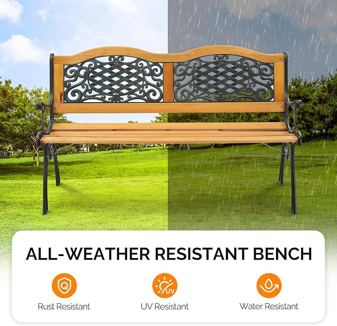 VINGLI Classic Cast Iron & Teak Arched Back Rectangular Outdoor Bench, 3-Seater, 470 lbs Capacity, Easy Assembly, Weather Resistant, 49.5" W x 20.5" D x 29" H VINGLI