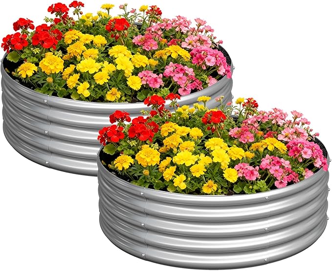 zizin 2 Pack Galvanized Raised Garden Bed Metal Round Raised Garden Beds Outdoor Planter Box for Vegetables (4FT, Silver) zizin