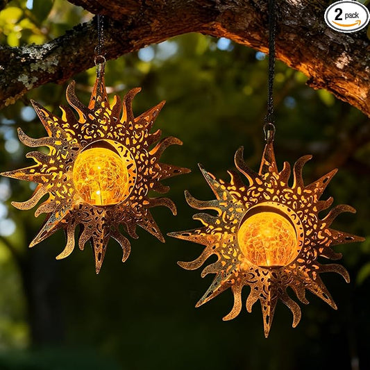 2 Pack Garden Decor Hanging Lanterns Outdoor Waterproof,Solar Lights Metal Sun Gifts Decoration for Yard Clearance Front Porch Lawn Driveway Patio Backyard Pathway Gardening Gift Amugmilk