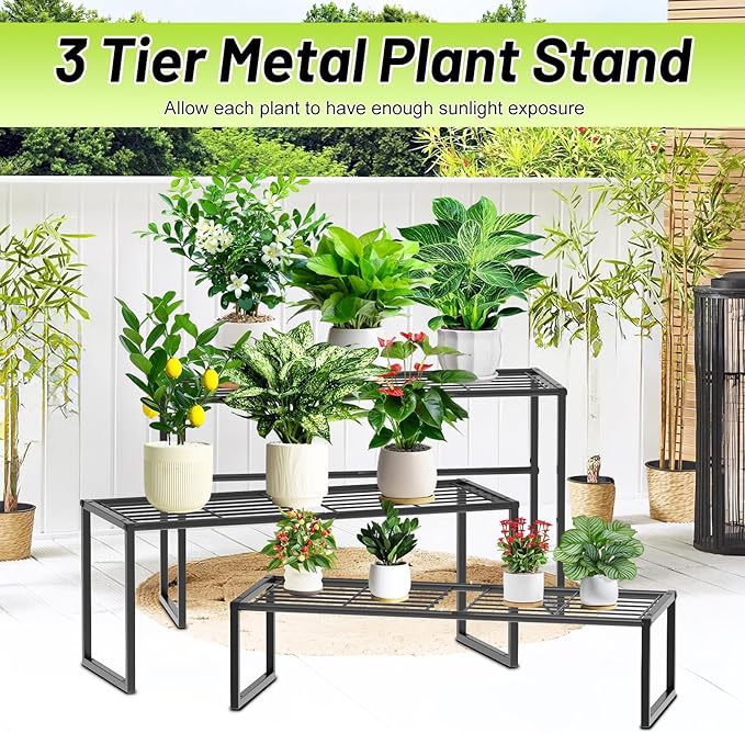 Metal Plant Stand Indoor Outdoor, 3 Tier Potted Multiple Flower Pot Holder Rack Plant Shelf, Heavy Duty Planter Display Shelving for Patio Balcony Garden Living Room Decorative (Black-3 Tier) Gouisalin