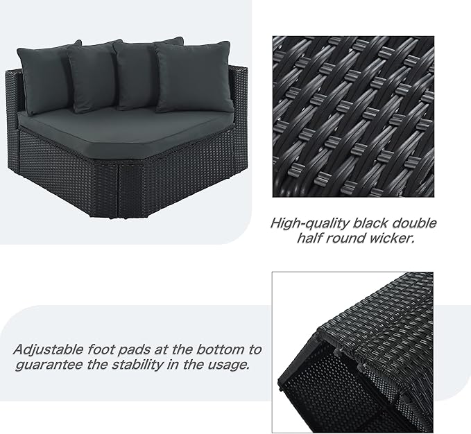 Merax 7-Piece Outdoor Wicker Sectional Sofa Set,Modular Rattan Conversation Set with Gray Cushions,Striped Green Pillows & Tempered Glass Coffee Table for Patio,Garden,Deck,Black Merax