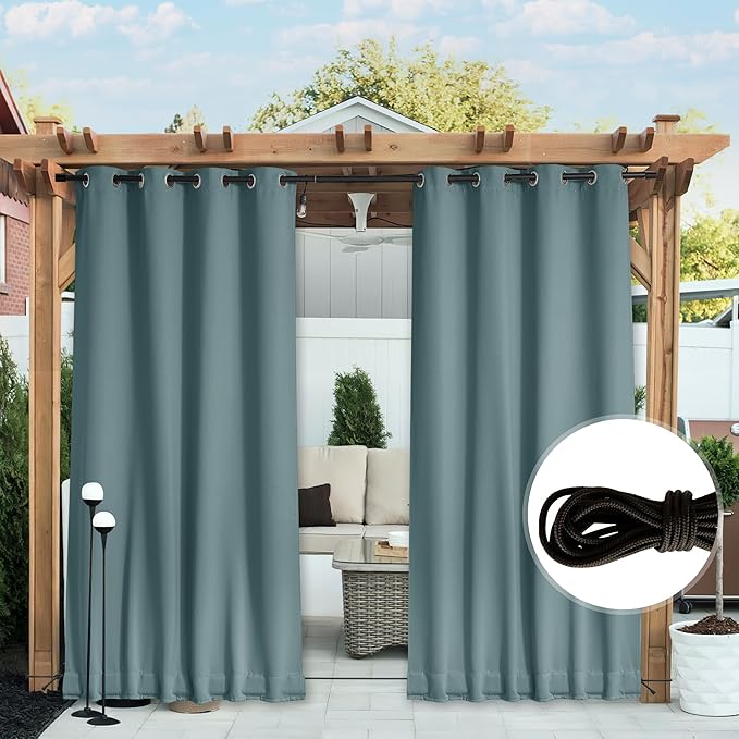 NICETOWN Outdoor Curtains for Patio Waterproof 108 inches Long 2 Panels, Windproof Thermal Insulated Top & Bottom Grommet/Back Tab Privacy Drapes with Rope for Fixed, Greyish Blue, W52 x L108 NICETOWN