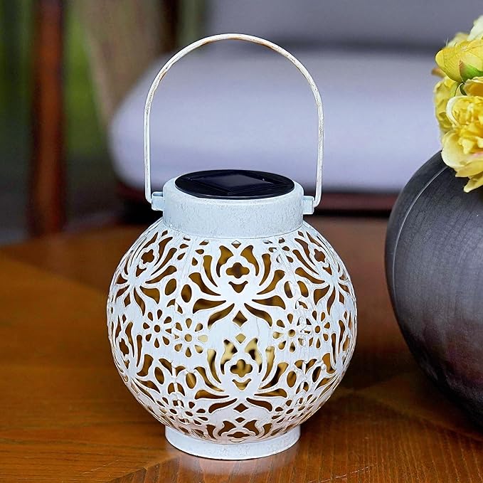 2 Pack Outdoor Solar Hanging Lantern Lights Metal LED Decorative Lamp for Garden Patio Courtyard Lawn and Table with Hollowed-Out Design (White) ExcMark