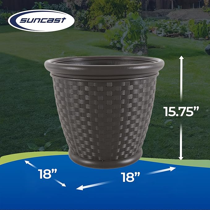 Suncast Sonora 18 Inch Lightweight Durable Plastic Wicker Decorative Flower Planter Pot for Yard, Garden, Indoor or Outdoor Use, Brown Suncast