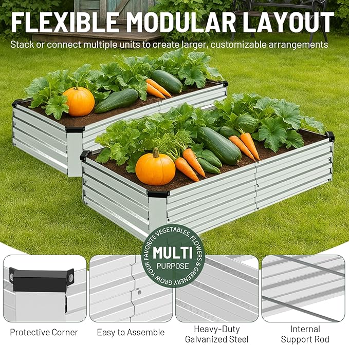 2 Pack 6x3x1FT Galvanized Metal Raised Garden Bed Kit for Vegetables, Herbs, Open-Bottom Large Capacity Outdoor Planter Box Gardening Stakes, Silver Rootora
