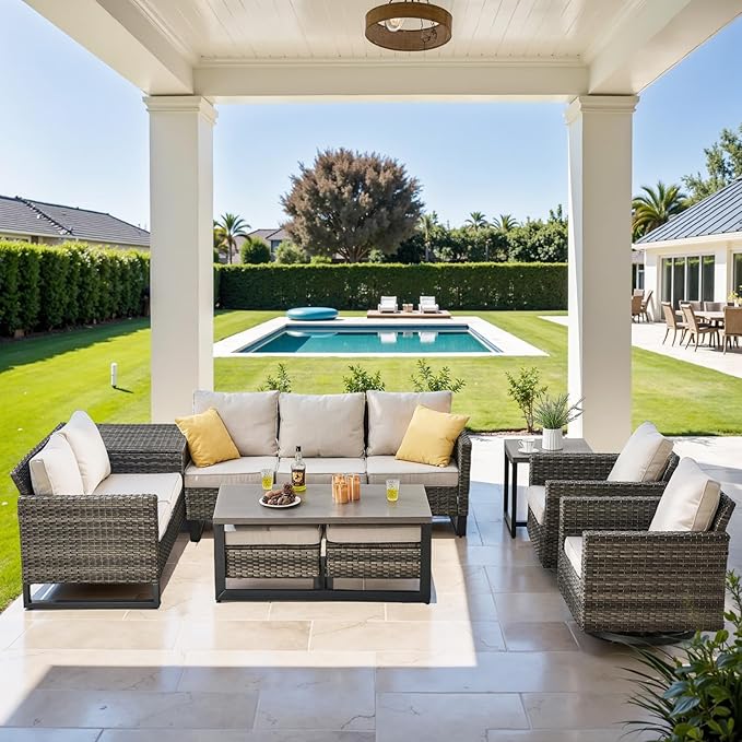 Belord Patio Conversation Set with Swivel Glider Chairs - 9 Piece Outdoor Sectional Furniture Set with Storage Box and Metal Top Table Gray Wicker/Beige Cushions Belord