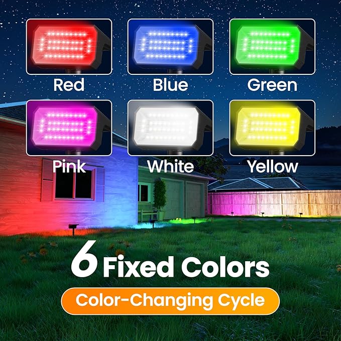 Fabrito Color Changing Solar Spot Lights Outdoor 8 Pack, [6+1 Lighting Modes] Auto On/Off RGB Spotlights, Waterproof Multicolor Landscape Lights for Garden, Tree, Halloween, Christmas Fabrito