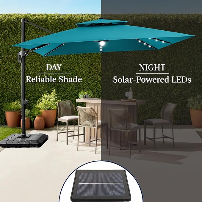 Best Choice Products 9x12ft LED Cantilever Patio Umbrella w/Base Included & 360° Rotation, Large Solar Offset Hanging Outdoor Sun Shade for Deck, Backyard Table w/Stand & Lights – Cerulean BestChoiceProducts