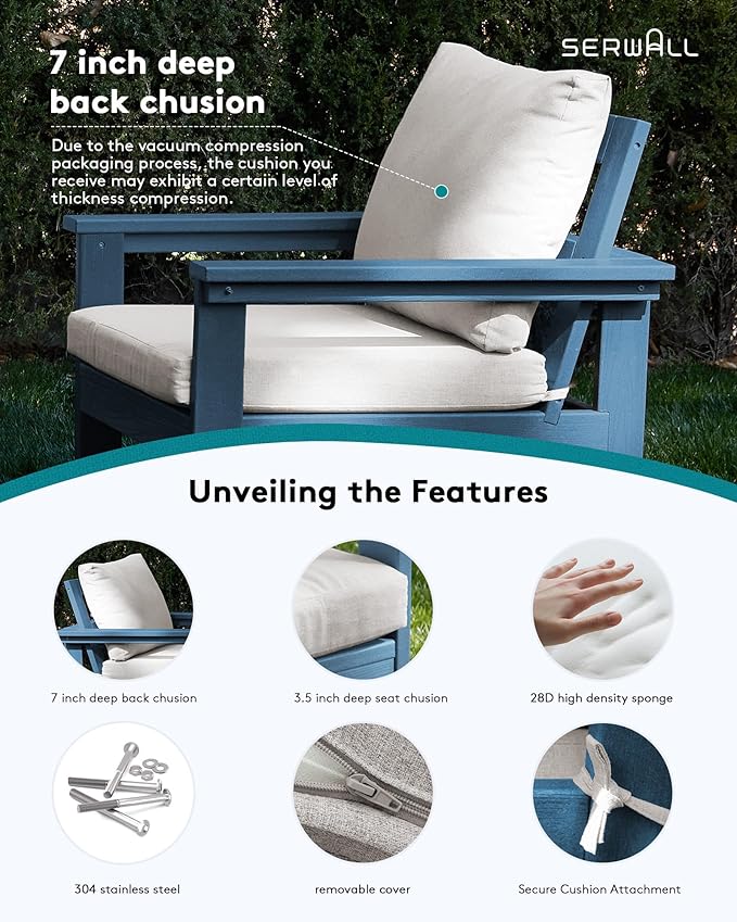 SERWALL HDPE Patio Furniture Set, 7-piece Outdoor Sectional Sofa Set, All Weather Outdoor Couch Set for Deck, Lawn, Blue Frame with Khaki Cushion SERWALL