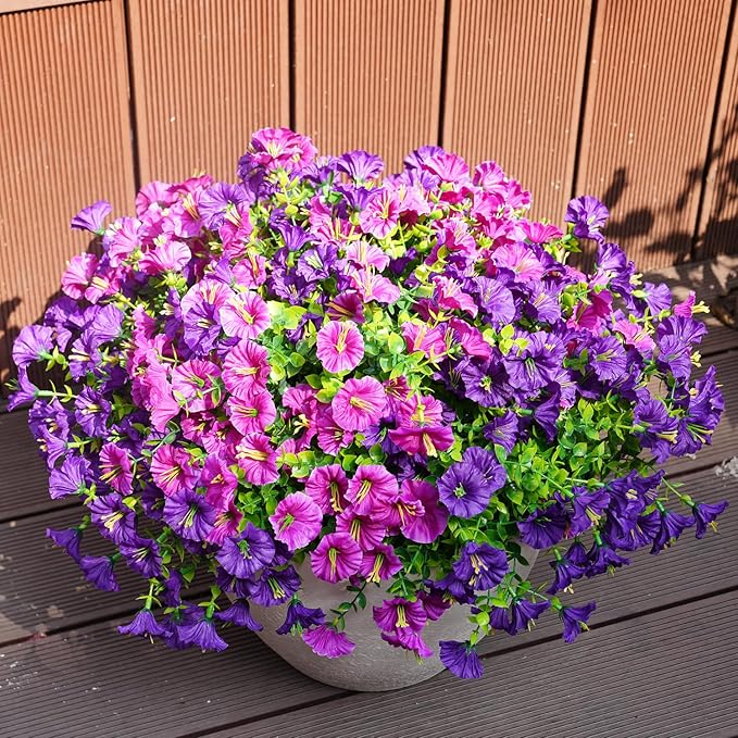 Artificial Flowers for Outdoors, UV Resistant Fake Silk Morning Glory, Realistic Faux Plants for Outside Porch Patio Window Box Hanging Planter (12, Purple Fuchsia) maxkes