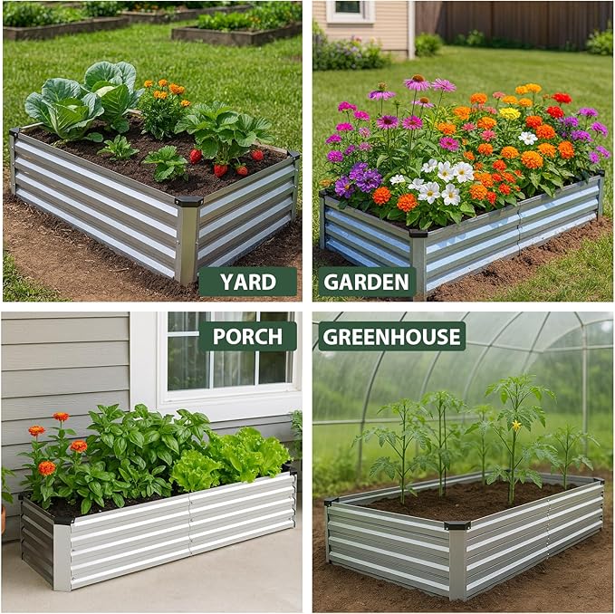 2 Pack 8x4x1FT Galvanized Metal Raised Garden Bed Kit for Vegetables, Herbs, Open-Bottom Large Capacity Outdoor Planter Box Gardening Stakes, Silver Rootora